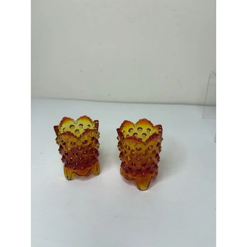 Vintage Fenton Orange Red Amberina Hobnail Footed Toothpick Holder Set of 2